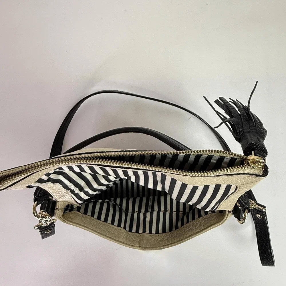 Kate Spade Crossbody Bag Womens Small Black Beige Pebbled Leather Tassel Purse